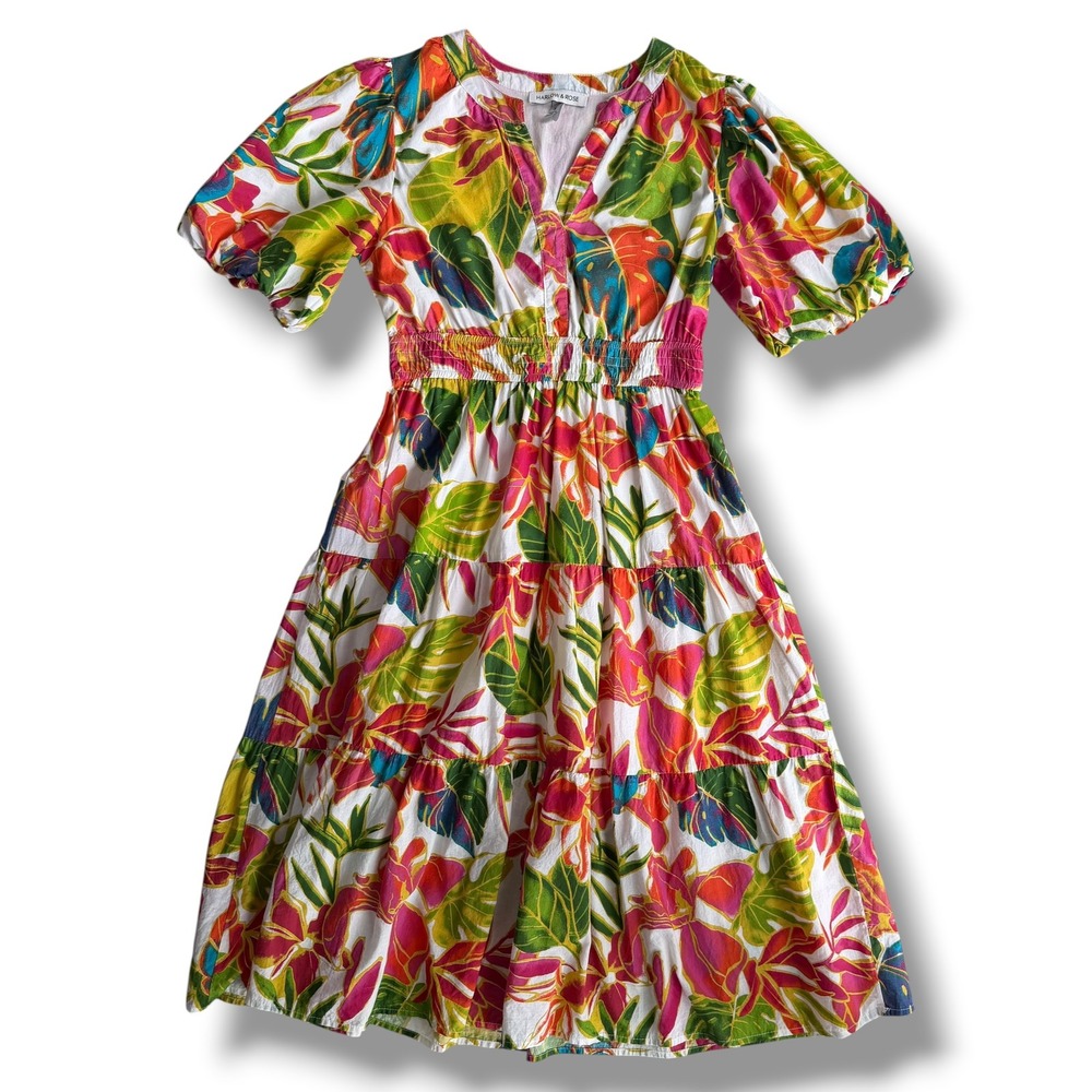 Harlow & Rose Women S Multi Tropical Floral Puff Sleeve Tiered Cotton Midi Dress